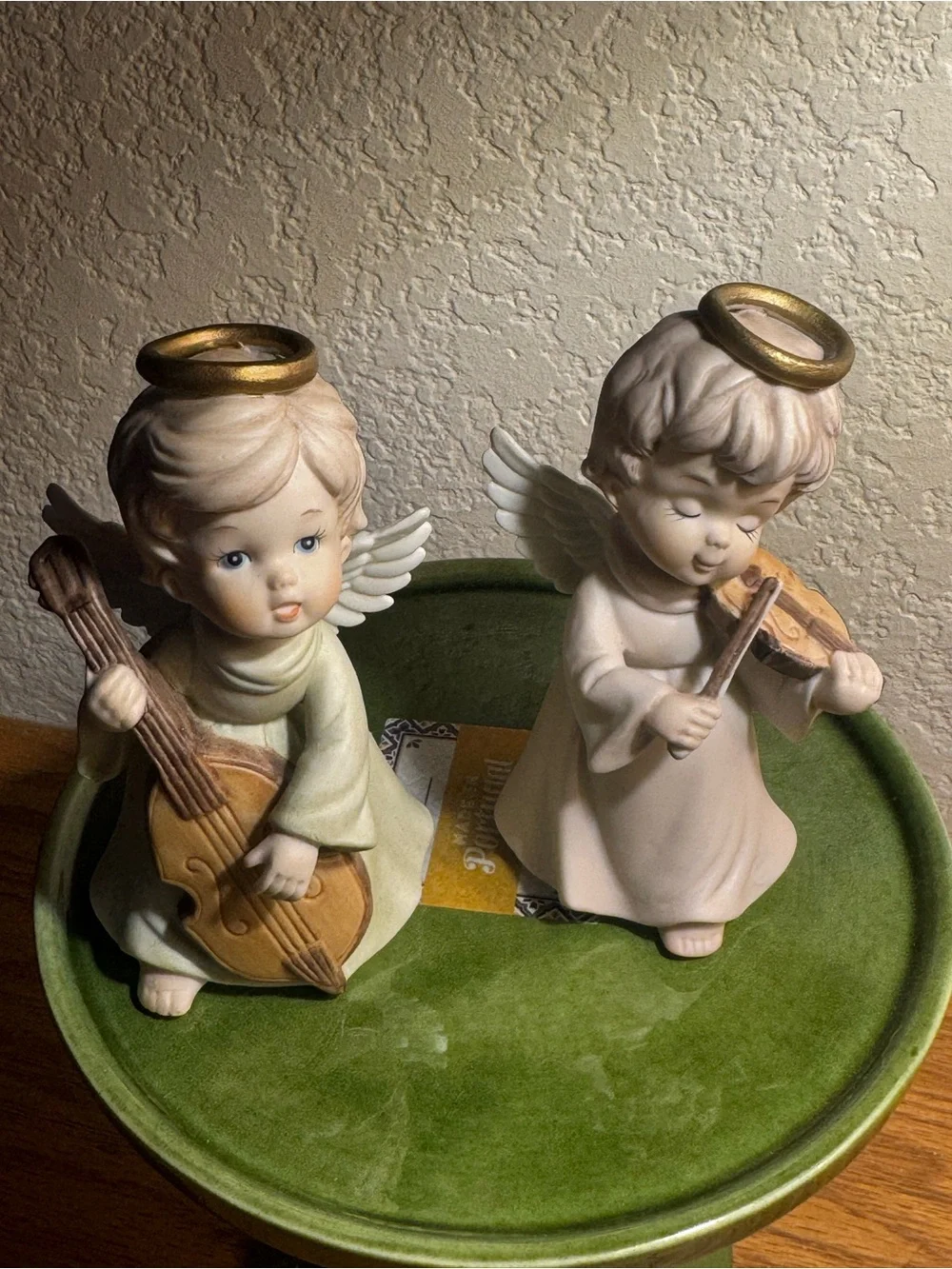 Lefton Pair of Ceramic Angel Figurines with Gold Halos - Cream and Green Accent